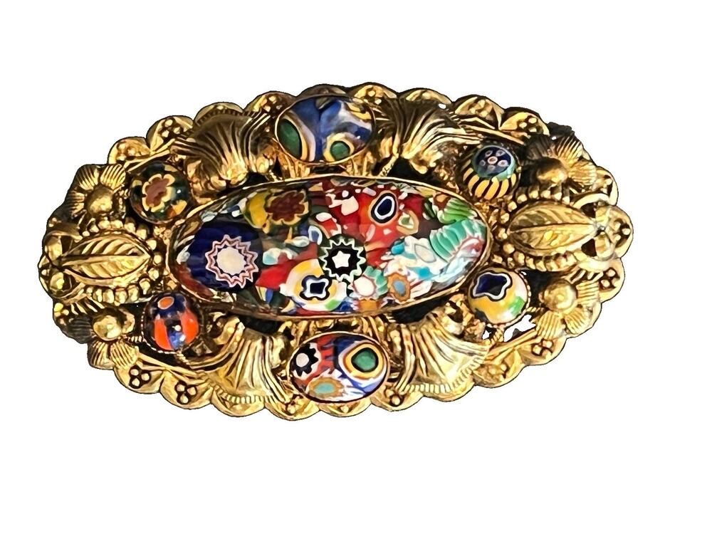 Vintage Millefiori Glass Cabuchon Brass Large Pin Brooch Gold Tone 2.5”